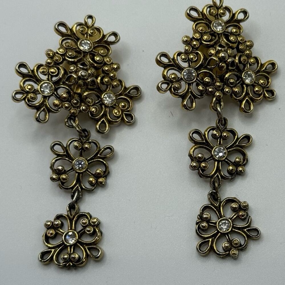 Vintage Gold Filagree Clip On Dangle Earrings